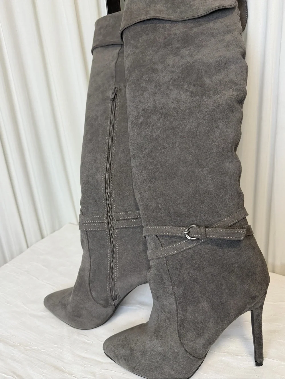 Lost Ink women’s knee high grey suede stiletto boots